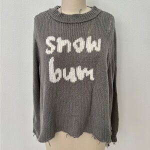 Wooden Ships Snow Bum Graphic Sweater NWT Gray Distressed Slouchy Winter S/M